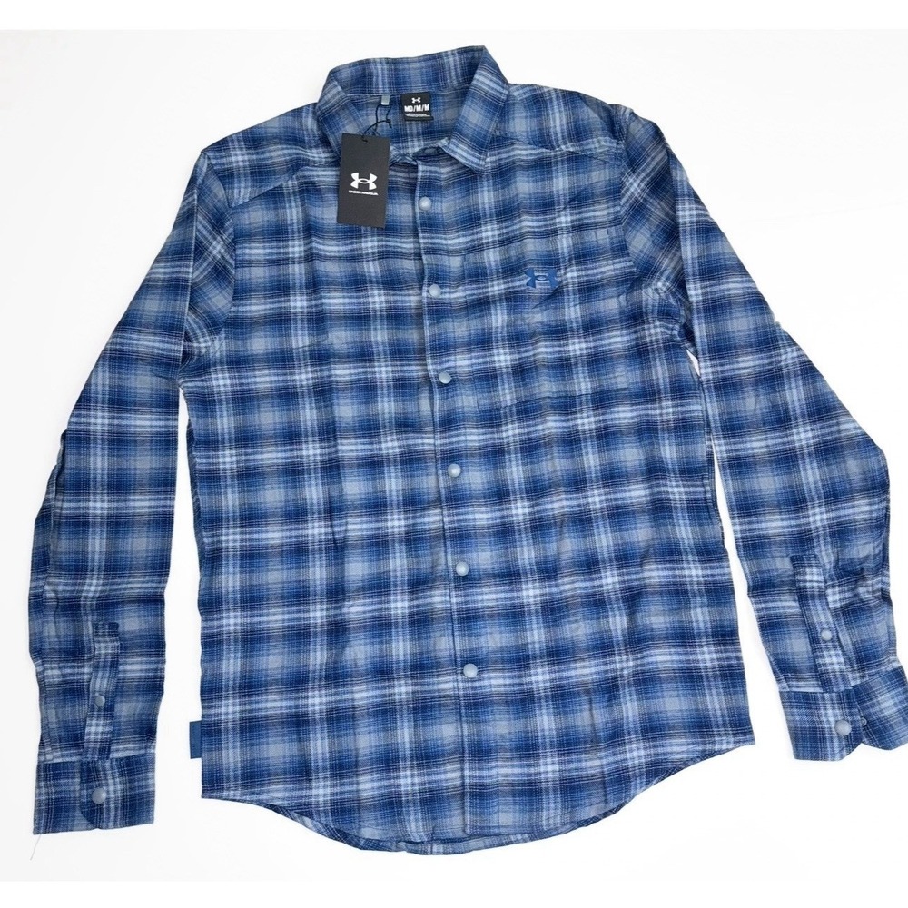 Under Armour Men's Tradesman Flex Flannel Shirt Blue Plaid Snap Button Medium